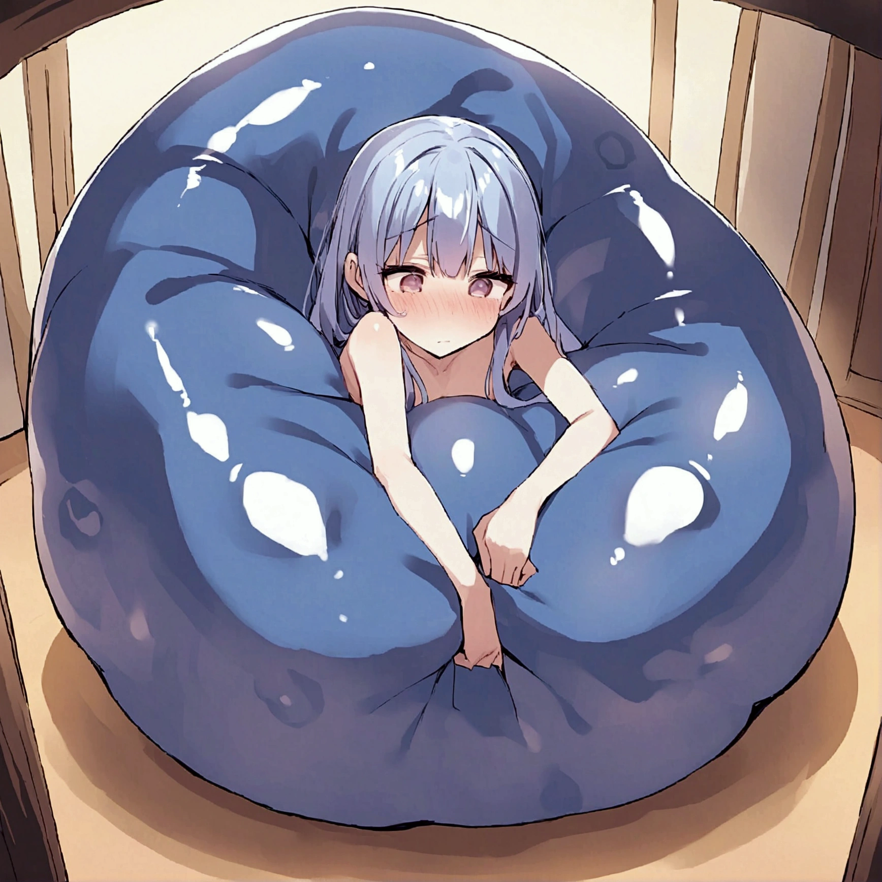 One giant blob of gelatinous slime making a girl's whole body stuck inside of it, squeezing and kneading her whole body, the girl feels exhausted by it