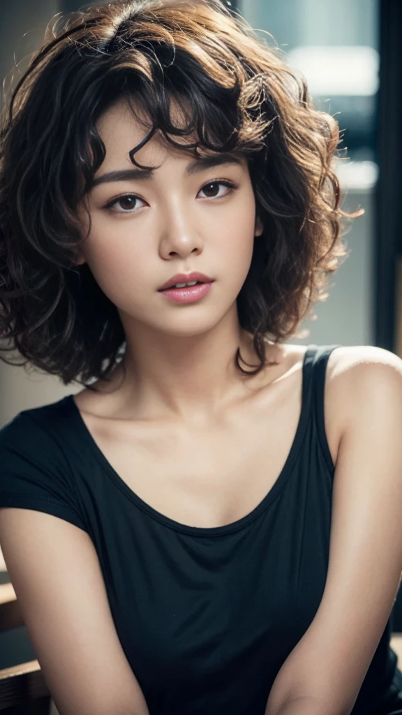 、(Photorealistic:1.4)、(hyper Realistic:1.4)、(Realistic:1.3)、(Smooth lighting:1.05)、(映画の照明Improvement of quality:0.9)、32K、One person少女、28-year-old woman、Realistic lighting、Backlight、Facial Light、Ray-tracing、(Bright light:1.2)、(Improvement of quality:1.4)、Finely grained、Detailed painted face、Quality Eyes、(tired, Sleepy and satisfied:0.0)、 Black Shirt、(Enhances skin texture:1.1)、Realistic skin texture,Perm Hair、Afro Hair、Curly Hair、Curly Hair,One person, 