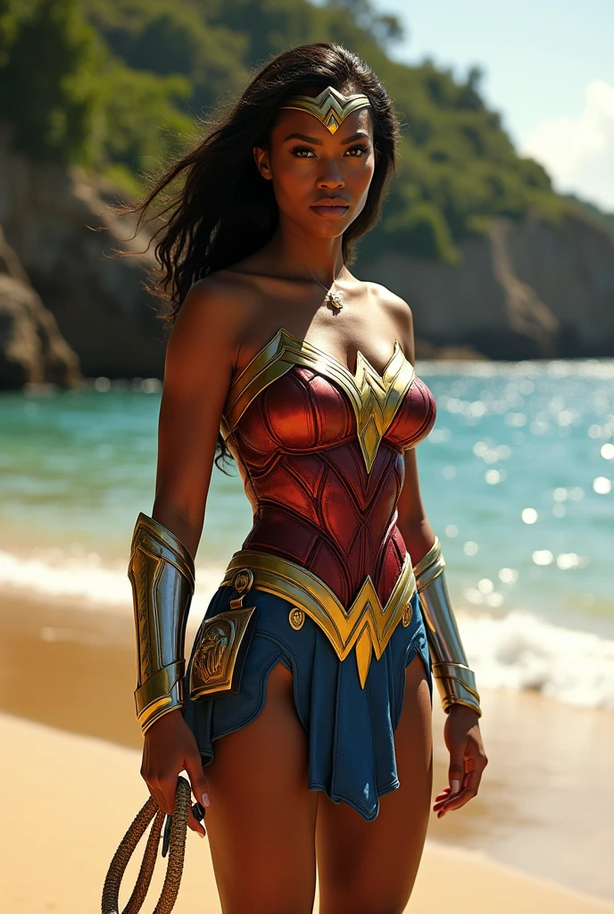 I would like a photograph that captures the essence of Wonder Woman, portrayed as a powerful black and African woman. The image should showcase her in her iconic armor, which symbolizes both protection and beauty, reflecting her rich cultural heritage. She should be posed proudly on the island of Themyscira, surrounded by the lush, vibrant scenery of the Amazons' homeland.
In her right hand, she holds the Lasso of Truth, glimmering in the sunlight, while her left hand displays the Wand of Wisdom, serving as a reminder of her strength and intelligence. The backdrop should highlight the beauty of the island with golden sands, sparkling waters, and ancient trees, emphasizing her connection to nature and her warrior roots.
This striking photograph should be captured with the best camera available, ensuring that every detail—from her determined expression to the intricate designs of her armor—is vividly portrayed. The image should inspire viewers, celebrating Wonder Woman as a symbol of strength, courage, and the fight for justice, resonating with generations to come.