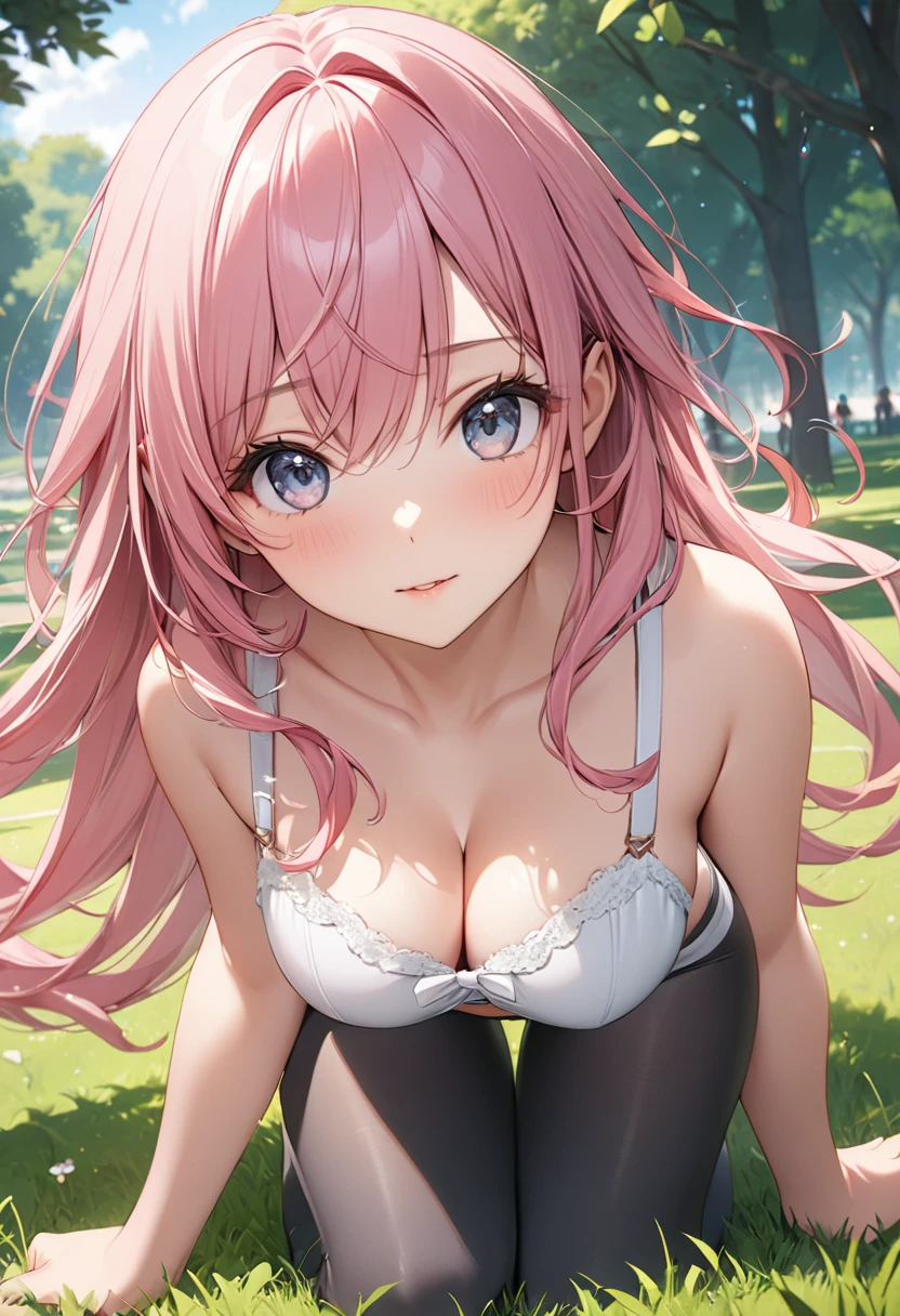 4k,Highly detailed CG unit wallpaper,masterpiece:1.2,Highest quality,Ultra-high resolution,RAW Photos,absurdres,1 woman,Medium Breast,cleavage,Pink Hair,Long Hair,Cute like an idol,Beautiful eyes,White croptop,dark grey leggins,grass,park,