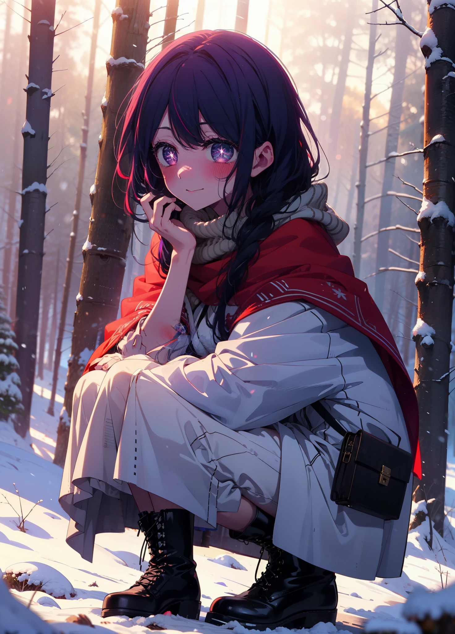 aihoshino, Ai Hoshino, Long Hair, bangs, (Purple eyes:1.1), Purple Hair, (Symbol-shaped pupil:1.5), smile,,smile,blush,white breath,
Open your mouth,snow,Ground bonfire, Outdoor, boots, snowing, From the side, wood, suitcase, Cape, Blurred, , forest, White handbag, nature, Squat, Mouth closed, Cape, winter, Written boundary depth, Black shoes, red Cape break looking at viewer, Upper Body, whole body, break Outdoor, forest, nature, break (masterpiece:1.2), Highest quality, High resolution, unity 8k wallpaper, (shape:0.8), (Beautiful and beautiful eyes:1.6), Highly detailed face, Perfect lighting, Highly detailed CG, (Perfect hands, Perfect Anatomy),