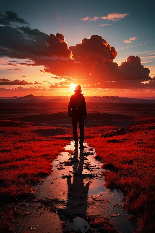 Highest quality、masterpiece、Desolate Earth、wreckage、Red Sky、Surrealism