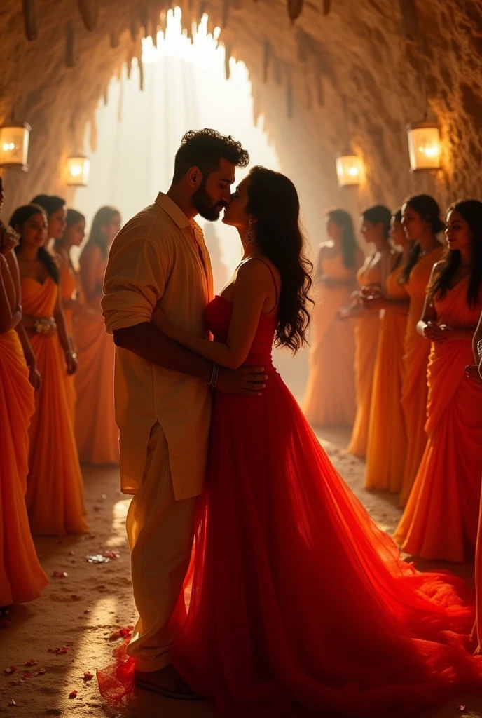 A women curvy hourglass body, wearing red Bardot dress, in wedding, where everyone is wearing saffron saree, muscular Hindu pandit, kissing together. In a cave