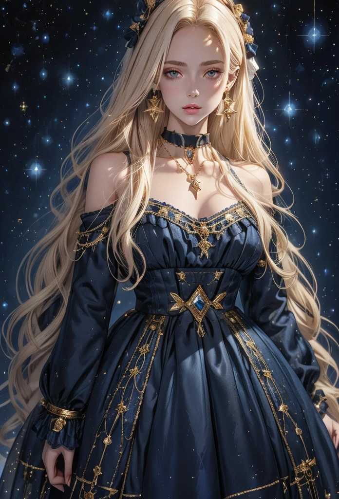 lamplight, beautiful woman, gold eyes, (Detailed eyes, The eyes are bright), Long blonde hair, pale-skinned, blue diamond earrings, blue diamond necklace, medium skin, dark blue gown, Meticulous dress of golden accessories on clothes, blue flowers on hair, (perfect anatomia), Highqualityshadow, natural lighting, (White highlights),overcast day, (starrysky), (shining), ultra detailed