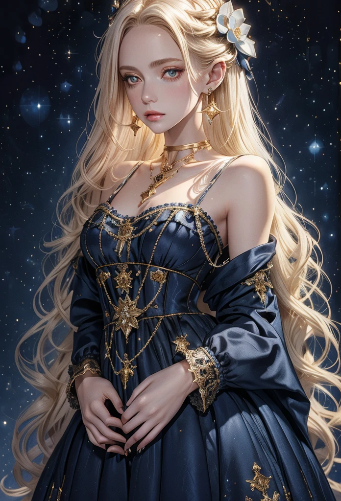 lamplight, beautiful woman, gold eyes, (Detailed eyes, The eyes are bright), Long blonde hair, pale-skinned, blue diamond earrings, blue diamond necklace, medium skin, dark blue gown, Meticulous dress of golden accessories on clothes, blue flowers on hair, (perfect anatomia), Highqualityshadow, natural lighting, (White highlights),overcast day, (starrysky), (shining), ultra detailed