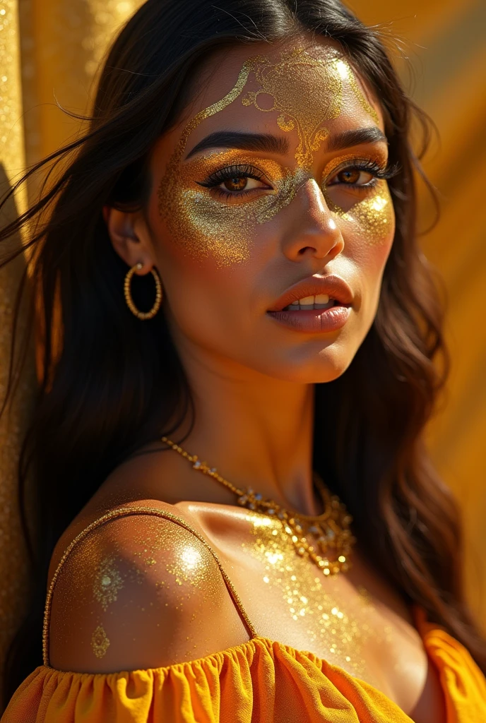 Create the most beautiful and alluring portrait of a Mexican woman covered in gold dust, adorned in a highly contrasted outfit that shimmers and sparkles under the play of light and shade. Her makeup echoes the vibrant gold tones, with intricate details that catch the eye. A beautiful woman with a detailed face, full body, and fine, realistic streaked hair in a color that mirrors liquid gold. The composition is eye-catching, with a vibrant palette that trends on ArtStation. The Studio photo is sharp, with a focus on the intricate details, giving a hyperrealistic and highly detailed finish, fitting for a 8k resolution image made by Greg R