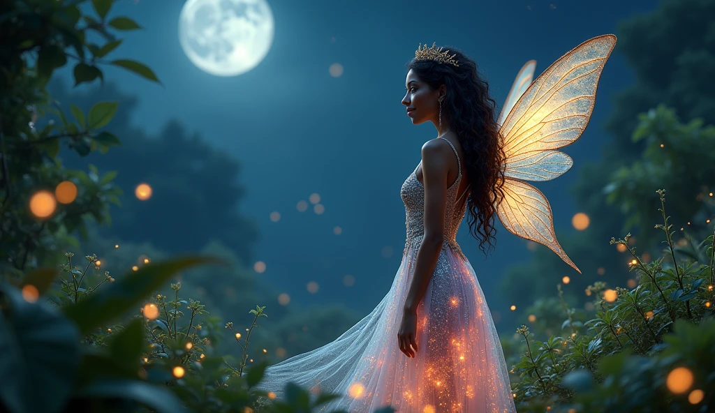 (stable diffusion, highres, detailed)(fairy:1.1), (brown skin:1.1), (female:1.1), (wearing iridescent long dress:1.1), (standing:1.1), (night:1.1), (garden:1.1), (surrounded by fireflies:1.1), (magical lighting:1.1), (ethereal atmosphere:1.1), (vibrant colors:1.1), (dreamlike:1.1), (delicate wings:1.1), (graceful pose:1.1), (mystical:1.1), (enchanted:1.1), (natural surroundings:1.1), (glowing plants:1.1), (moonlight:1.1), (serene expression:1.1), (mysterious beauty:1.1), (soft glow:1.1), (sparkling dress:1.1), (ethereal creature:1.1), (whimsical:1.1), (elegant:1.1), (feminine:1.1), (detailed facial features:1.1), (long flowing hair:1.1), (captivating eyes:1.1), (lush foliage:1.1), (transparent wings:1.1), (fireflies gently illuminating the scene:1.1), (tranquil atmosphere:1.1), (dancing firefly lights:1.1), (lush greenery:1.1), (nighttime enchantment:1.1), (glowing magical aura:1.1), (fairy tale-like:1.1), (subtle magic:1.1)