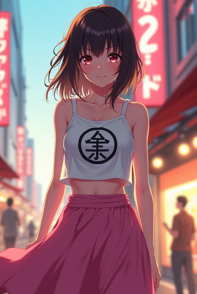 {{{masterpiece}}}, {{detailed}}, {detailed background}, {best quality}, high quality, high-definition, 4k, lights, glares, {detailed eyes}, motoko kusanagi, shoulder length messy brown hair, heterochromia red and grey, white crop top with black symbols and pink skirt, happy, shopping, Full body Beautiful anime style woman, clean detailed faces, intricate clothing, analogous colors, glowing shadows, beautiful gradient, depth of field, clean image, high quality, high detail, high definition, Luminous Studio graphics engine, cute face, slim waist, nice hips, without clothes naked))