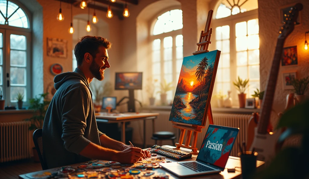 A man working joyfully in a bright, open workspace filled with symbols of creativity and passion. The person is fully engaged in their task, surrounded by tools or elements that represent their craft—whether it's a canvas and paints, a laptop with design software, or musical instruments. The room is bathed in warm, golden light, with vibrant colors and a sense of energy radiating from the scene. Above the individual, soft, glowing lightbulbs float, symbolizing inspiration and ideas. The overall atmosphere is uplifting, with the word 'Passion' subtly integrated into the background, conveying the joy of working on something one truly loves.