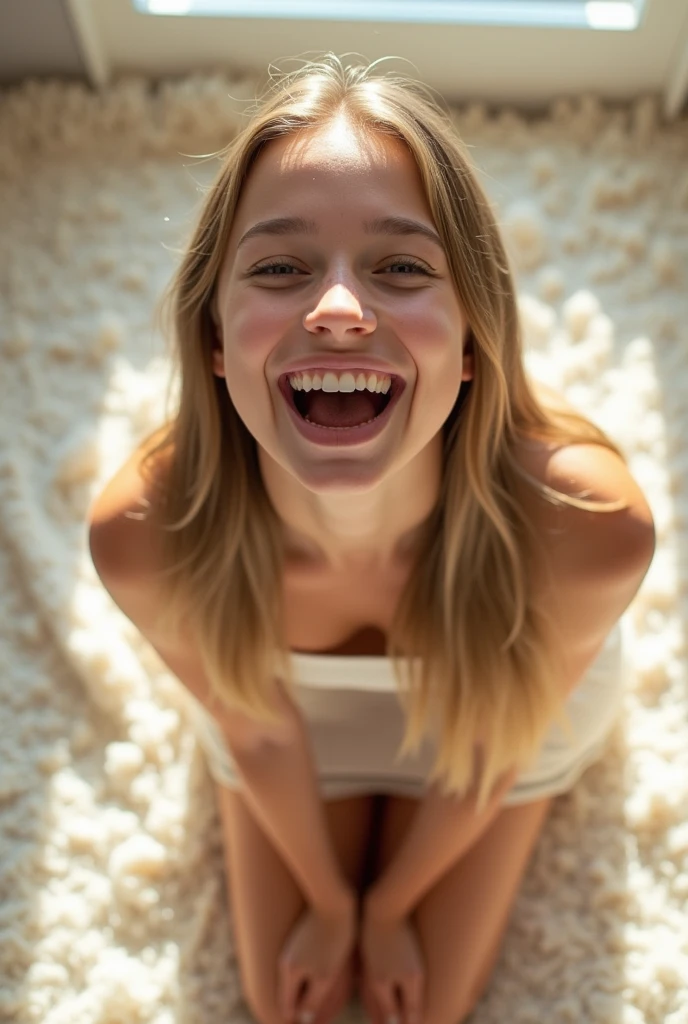 Beautiful, white teen, kneeling on carpet, perfectly silky hair, (mouth very wide open and happy), wearing very short skirt, ((top down view))