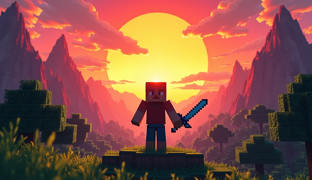 Minecraft player holding Cid Kagenou blade,youtube thumbnail,cool background