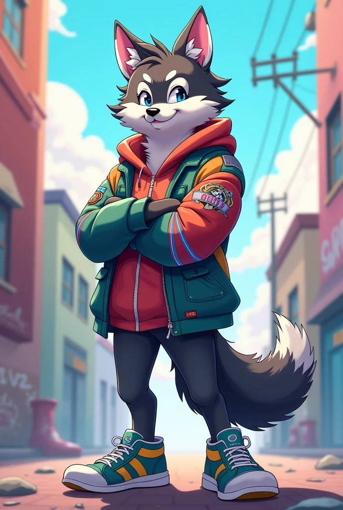 Animated wolf standing, crossing hand, pose tilted 45 degree to the side, anime style, wearing pocket ful jacket, casual shoes, short body, confident stance, wide foot space, pose little bit side 45°, short legged