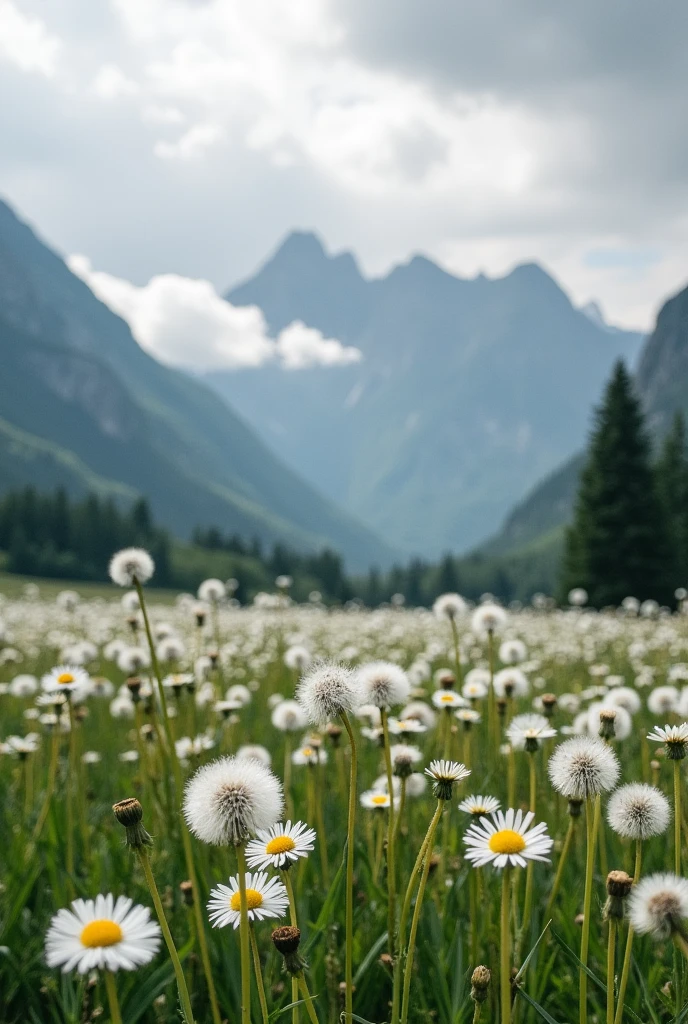 Endless field of white dandelions on the mountains under the cloudy weather