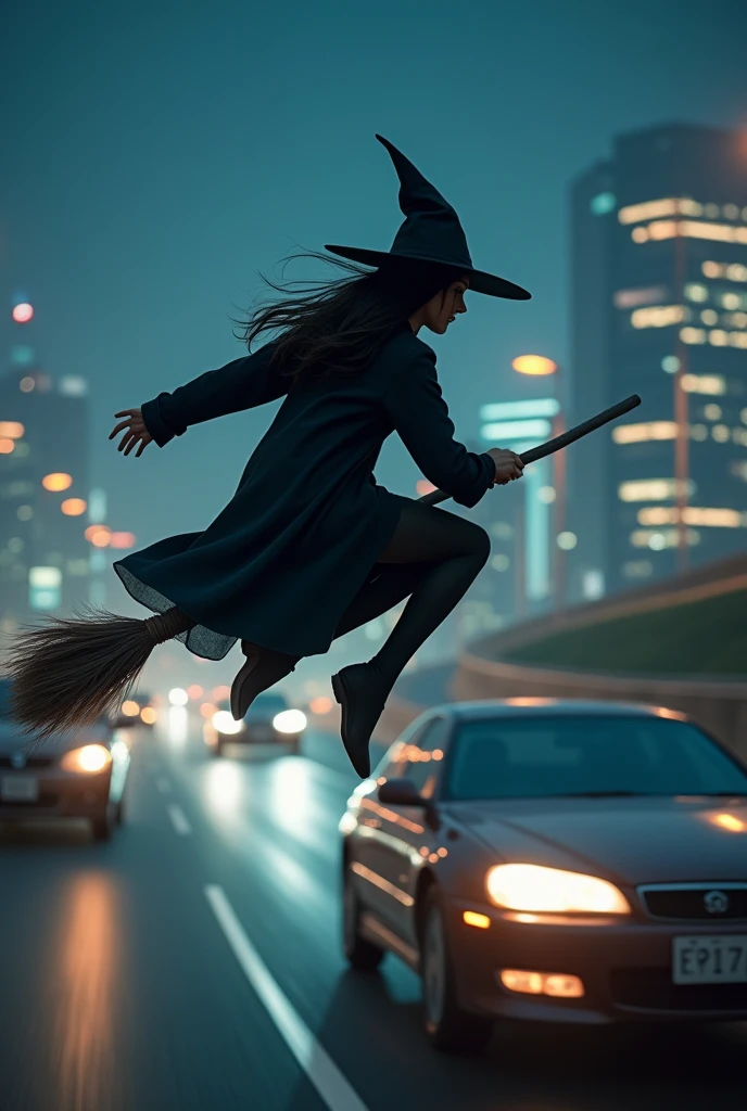 A modern witch, wearing contemporary clothing, is racing against a car on the Shuto Expressway at night. She is flying on a broomstick, speeding alongside cars that have their headlights on. The scene is set against the backdrop of a brightly lit city skyline, with the expressway winding through the city. The overall atmosphere is intense and dynamic, with a realistic and cinematic quality