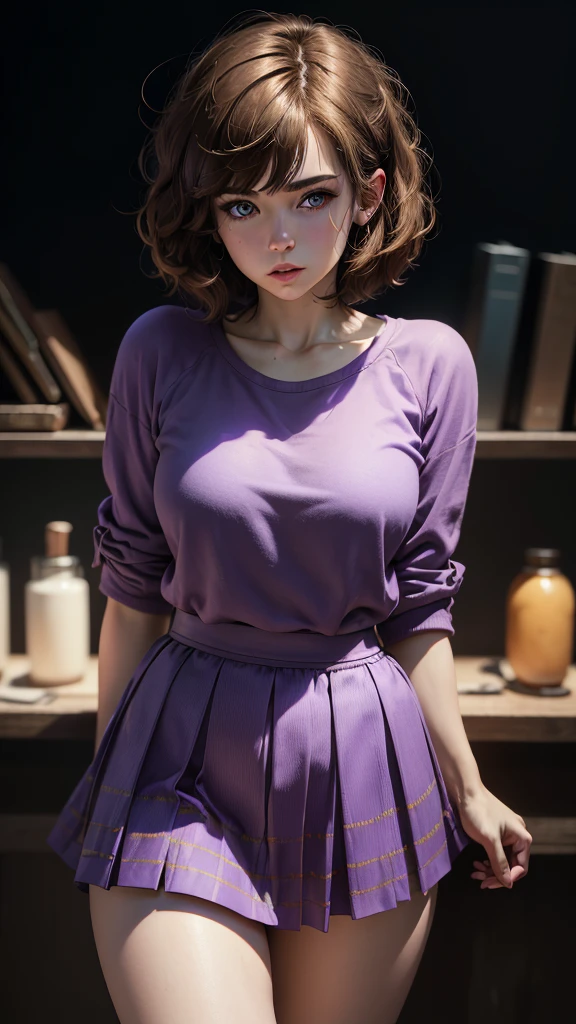 (Hight quality, 4k, 8k, highres, masterpiece:1.2), ultra-detailed, (realistic, photorealistic, photo-realistic:1.37), HDR, UHD, studio lighting, ultra-fine painting, sharp focus, physically-based rendering, extreme detail description, professional, vivid colors, bokeh, portrait, 1 girl, ((short hair, bob cut and brown hair)),(purple eyes),((purple shirt, blue skirt))