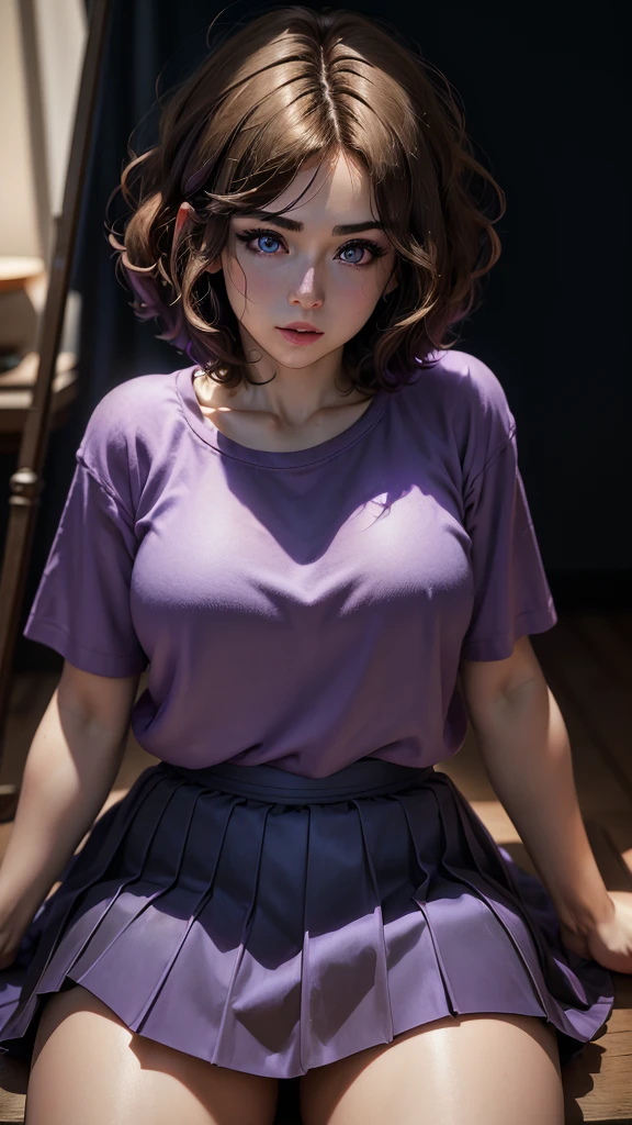(Hight quality, 4k, 8k, highres, masterpiece:1.2), ultra-detailed, (realistic, photorealistic, photo-realistic:1.37), HDR, UHD, studio lighting, ultra-fine painting, sharp focus, physically-based rendering, extreme detail description, professional, vivid colors, bokeh, portrait, 1 girl, ((short hair, bob cut and brown hair)),(purple eyes),((purple shirt, blue skirt))