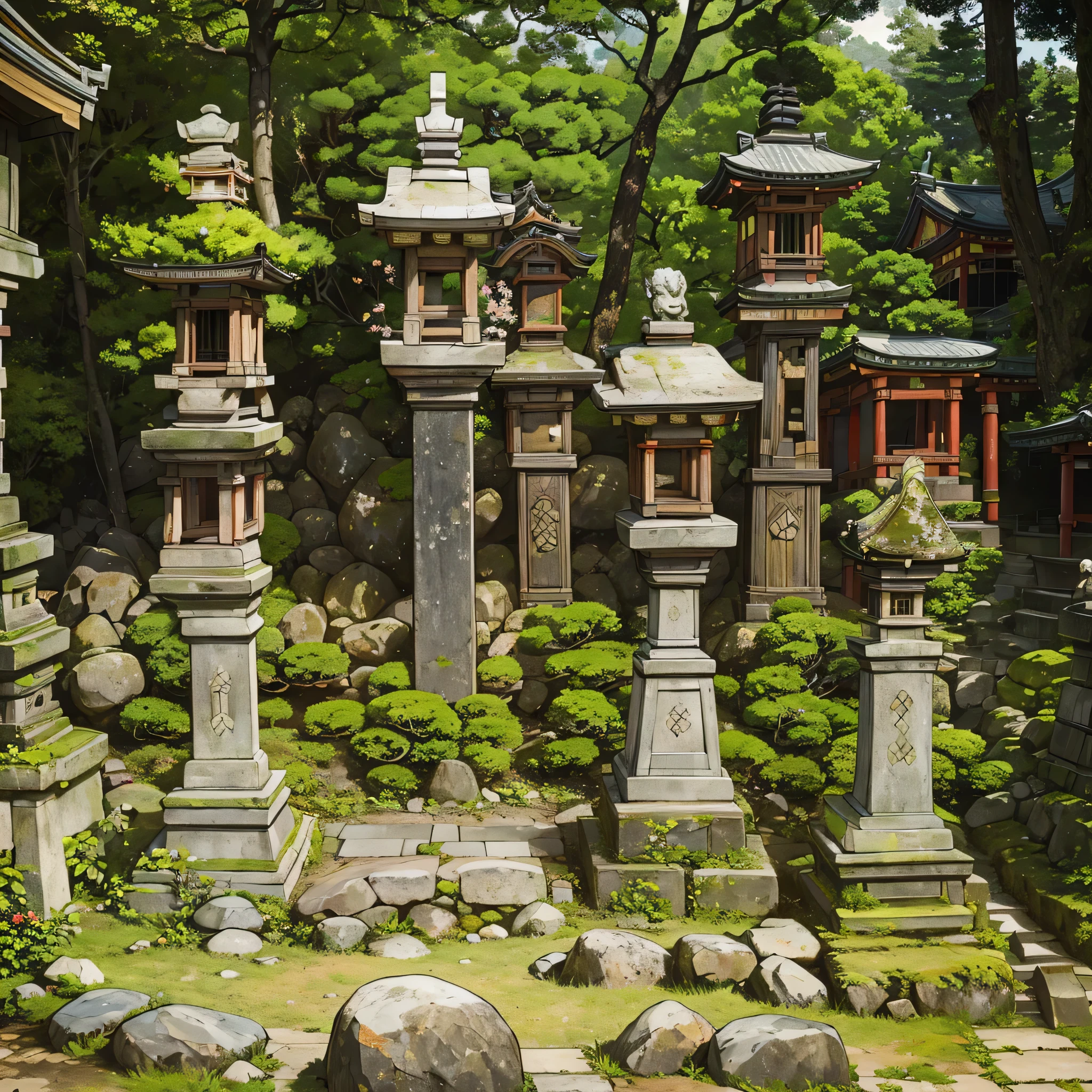 there are many stone lanterns that are sitting on the ground, many stone statues, shrines, japanese temples, ancient japanese architecture, stone statues, japanese shrine, ancient japan, ancient japanese, stone pillars, in ancient japan, japan nature, japanese temple, japanese architecture, mythical shrine, near a japanese shrine, japan deeper travel exploration, japan travel and adventure
