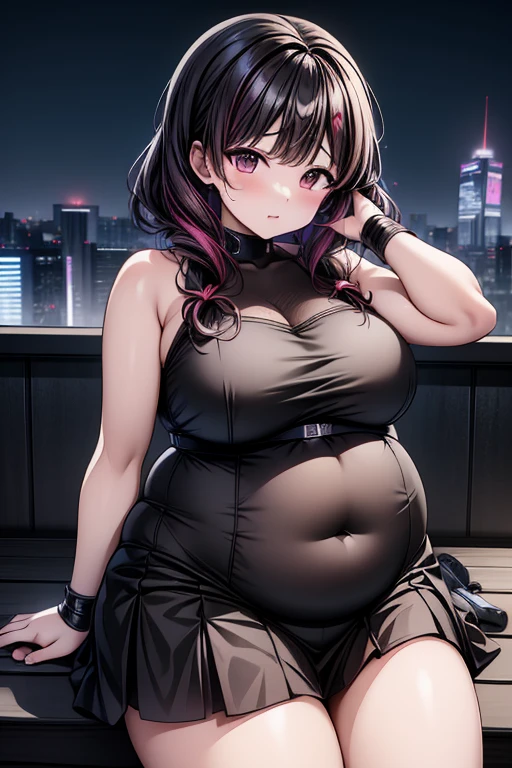 A woman in a black and white outfit is posing on a roof, Half Yamada, Tokyo Cyberpunk Night on the Roof, Chubby, On a rooftop at night in Tokyo, shikamimi, Shot with Canon EOS 5D Mark IV, Ayaka Cosplay, , Neo Tokyo, Shot on a Canon 80d, at night!!, Chiho Big Breasts、pubic hair