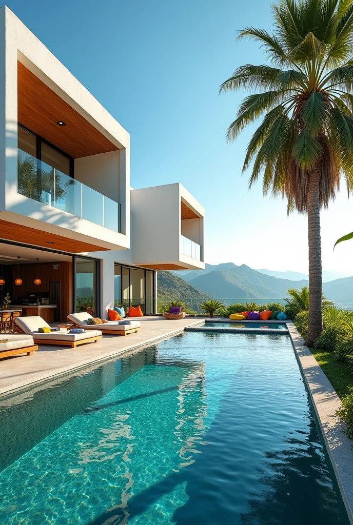 Cubic house roof terrace with swimming pool, palimers and large bevitré