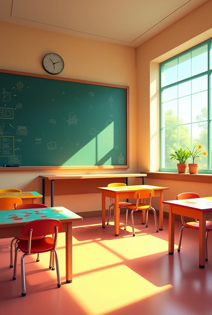 Illustration d’une salle de classe dans un style dessin animé Pixar, la salle de classe doit être vide avec seulement quatre tables à l’intérieur et un bureau un tableau