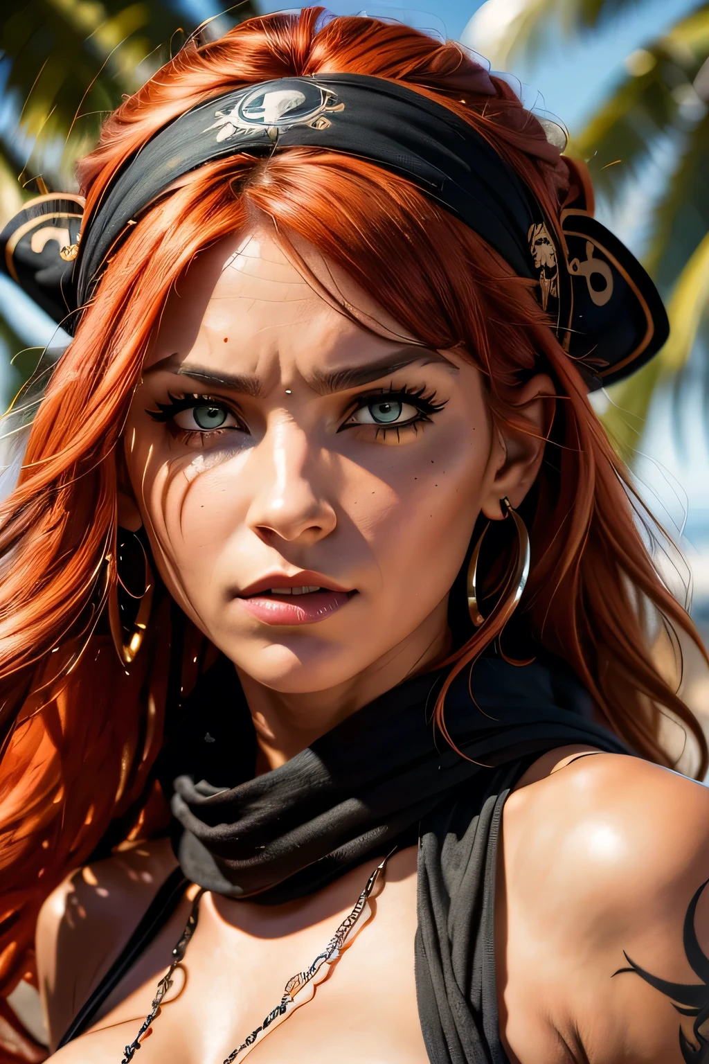 8k, high quality, close-up of the face of a beautiful 20-year-old pirate woman, black pirate scarf tied on her head, very defined scarf, threatening gaze facing the viewer, furious look, very angry, hatred in her gaze, frown, really pissed off, face tilted down while staring straight ahead, evil smile, evil and malevolent pirate, highly detailed eyes, nose ring piercing, detailed eyelashes, orange-red hair, bangs, very curly long hair disheveled hair that falls on her enormous breasts, black bra tied with buckles, pirate tattoos, blue-green eyes, thick lips, pink lips, lips twisted in a gesture of displeasure, choker with a ruby, skin tanned by the sun, beautiful face, goddess of the beauty.