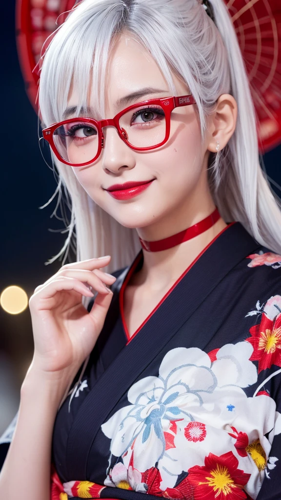 (Highest quality), (Ultra-high resolution), (Realistic), Japanese, 1girl, cute, (night sky), big fireworks, white hair, lipstick, eyeshadow, eyeliner, choker, ((red frame eyewear)), (((Sweaty))), (yukata), shy smile
