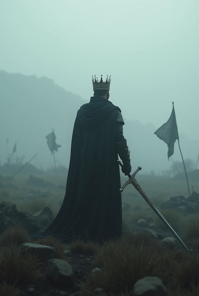 The back of a man with a sword at one hand and a crown on the other hand on a misty battlefield alone