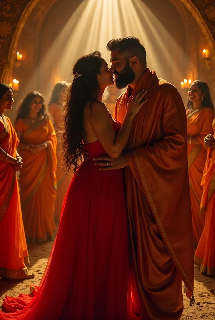 A women curvy hourglass body, wearing red Bardot dress, in wedding,where everyone is wearing saffron saree,muscular Hindu pandit, kissing together. In a cave of illuminati
