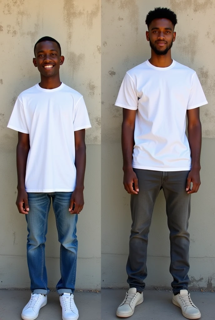 Create a split-image of the same light skinned 21 years old Ethiopian man shown side by side against a messed up wall as a background to illustrate a before and after transformation. In the 'before' image on the left, depict the man as shorter and wearing a plain white T-shirt and jeans. In the 'after' image on the right, show the same man taller, with no change in  physique, wearing the same white T-shirt but with casual pants instead. Both images should have the man smiling and looking directly at the camera, with a noticeable difference in height and little difference on presence. The background should be the same for both pictures and minimalist with natural lighting, highlighting the transformation. Make the picture realistic 