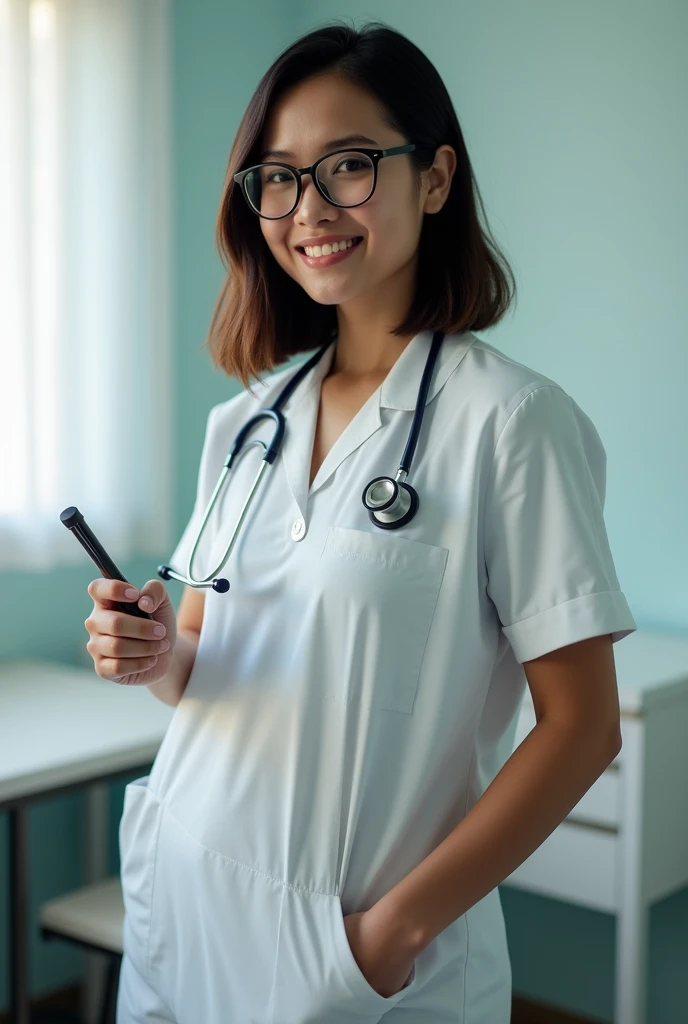 A 40 years old beautiful chubby indonesian woman with big breasts and big belly, bob cut hair style, wear knee-lenght doctor jacket with opened button, wear glasses, sexy sensual and seductive expression and pose, holding a stethoscope, on her desk in the patient room as background, realistic photography, natural light, look at the viewer, 