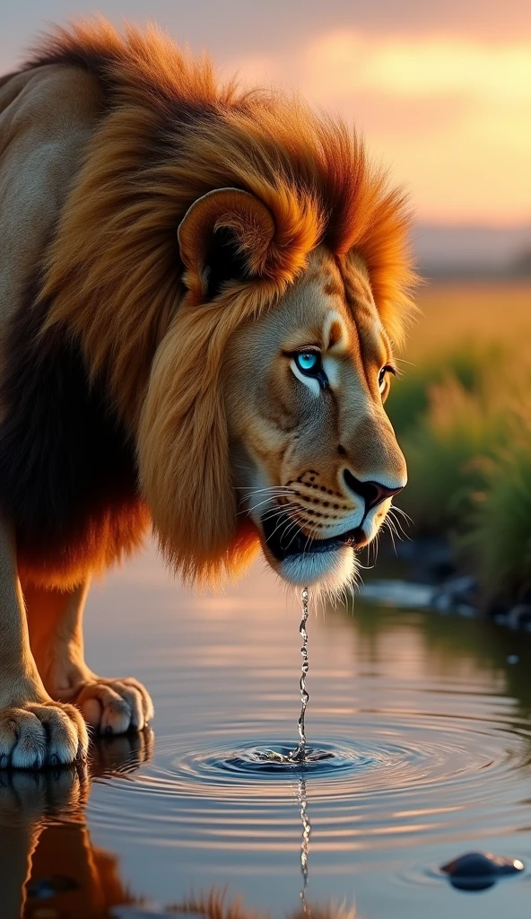 Generate an ultra realistic 8k image of a strong, handsome, blue-eyed lion, drinking water