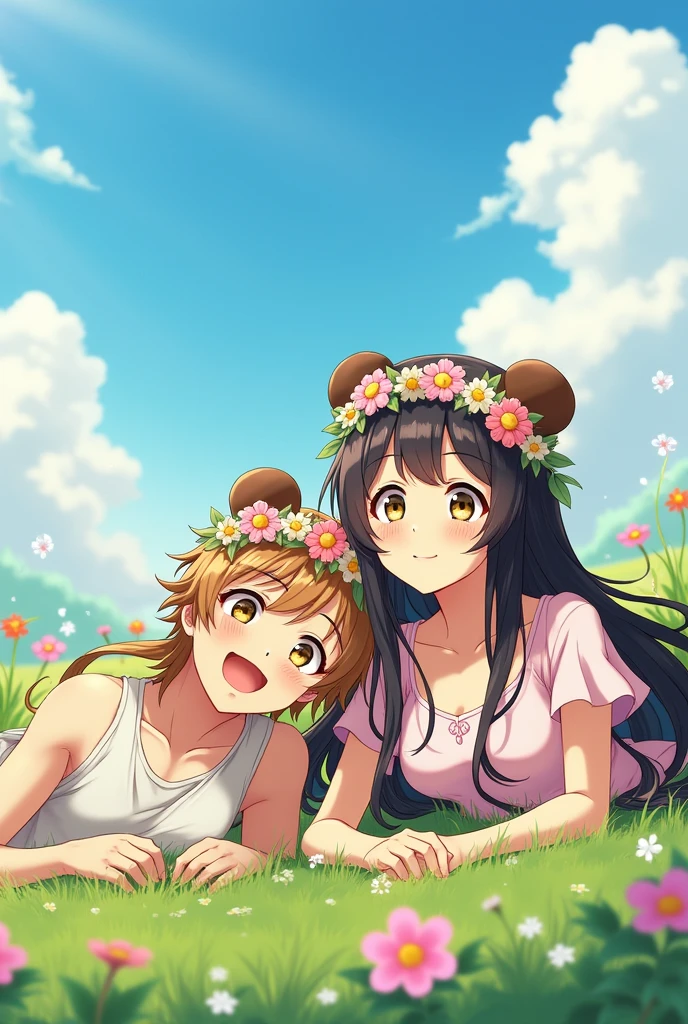 An anime man with brown-blonde hair and he is wearing a summer outfit and he's laying on the grass with an anime woman with long black hair and brown cute bear ears and she is wearing a summer outfit and they both are wearing flower crowns