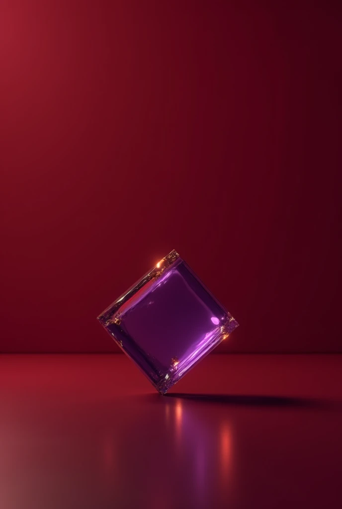 A concept music album cover, wine red minimalist background , main symbol is a square with its front facing tilted with the edge touching the ground, it is a semi-transparent opaque purple object, the point where the edge touches the ground gently reflects the object, the object has subtle glow of golden yellow on the edges
