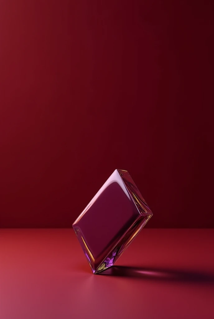 A concept music album cover, wine red minimalist background , main symbol is a square with its front facing tilted with the edge touching the ground, it is a semi-transparent opaque purple object, the point where the edge touches the ground gently reflects the object, the object has subtle glow of golden yellow on the edges