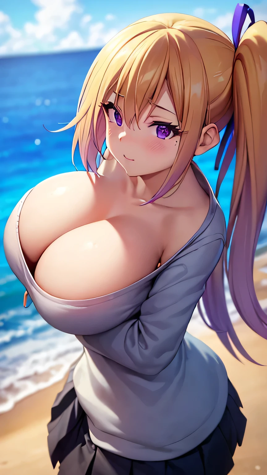 Perfect composition,masterpiece, (Highest quality), Adult women, bionde, Hair length, Side Ponytail, Purple eyes,sweater, skirt,Huge ,Sexy wom Embarrassing,blush, Bright colors,,Natural soft light,RTTX 10.0, (Detailed face:1.2), Showcase, (Perfect Eyes:1.1) ,(Photorealistic:1.1), 8k Ultra HD, Look at the viewers, Seaside, beach, Simple Background,(Cleavage:1.ndously large bust,Huge bust,(throw,Close-up shot:1.2),From the top of the head to the waist,
