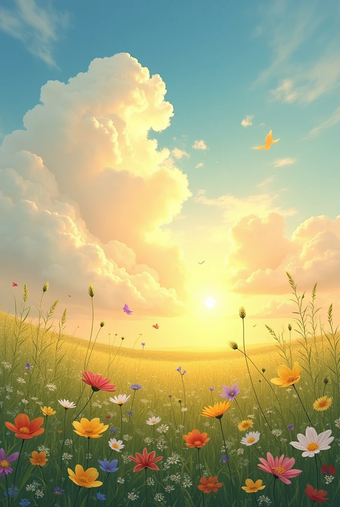 "Imagine a boundless sky where freedom reigns, under which there is no sadness or tears, only pure love. Picture a golden horizon merging with an endless meadow, where the warm glow of the sun bathes everything in tranquility, symbolizing peace and unending love."make a real image.