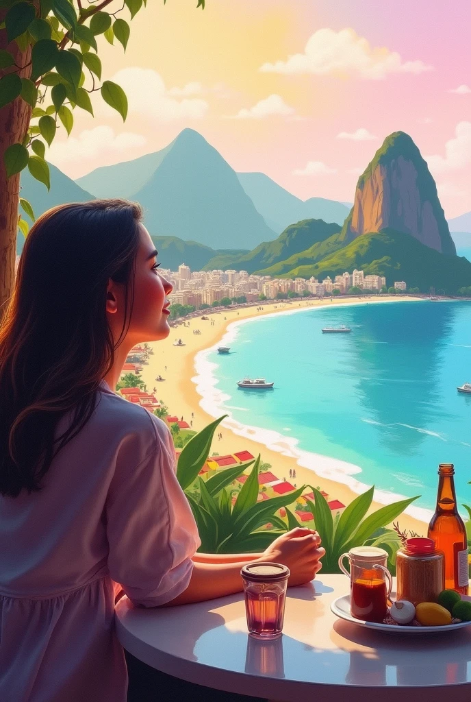 Soft Focus, Bright gradient watercolor, dreamer, White background, , Cafe, Copacabana Beach, Sugarloaf, Corcovado, Hilltop favela.