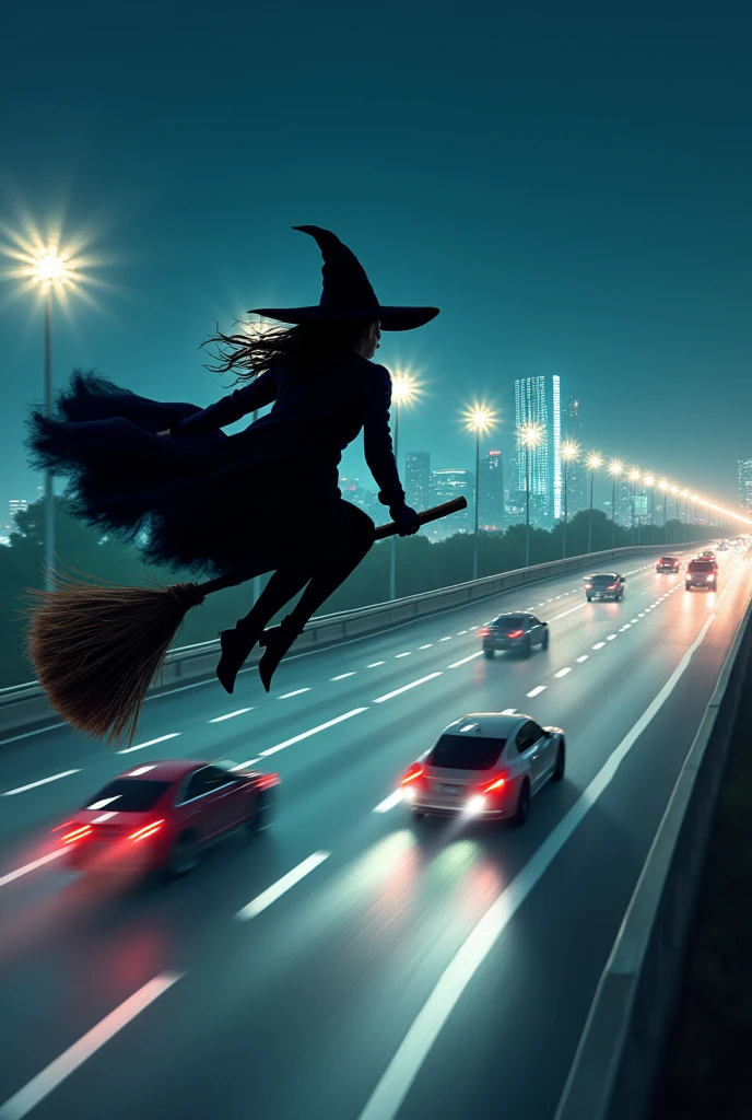 A modern witch, wearing contemporary clothing, is racing against a car on the Shuto Expressway at night. She is flying on a broomstick, speeding alongside cars that have their headlights on. The scene is set against the backdrop of a brightly lit city skyline, with the expressway winding through the city. The overall atmosphere is intense and dynamic, with a realistic and cinematic quality