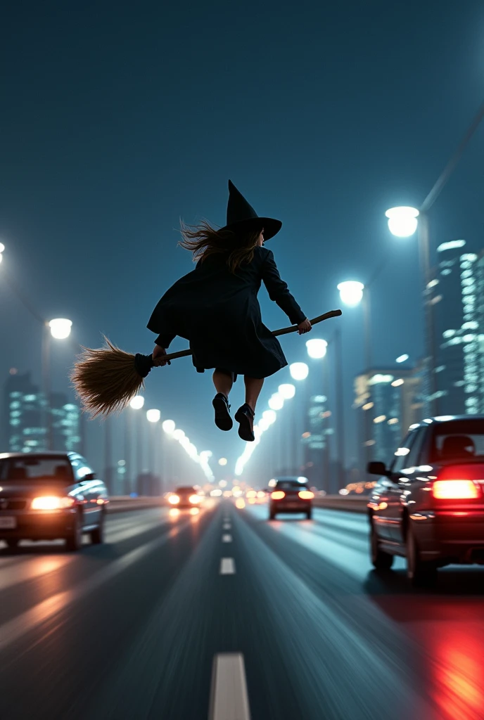A modern witch, wearing contemporary clothing, is racing against a car on the Shuto Expressway at night. She is flying on a broomstick, speeding alongside cars that have their headlights on. The scene is set against the backdrop of a brightly lit city skyline, with the expressway winding through the city. The overall atmosphere is intense and dynamic, with a realistic and cinematic quality
