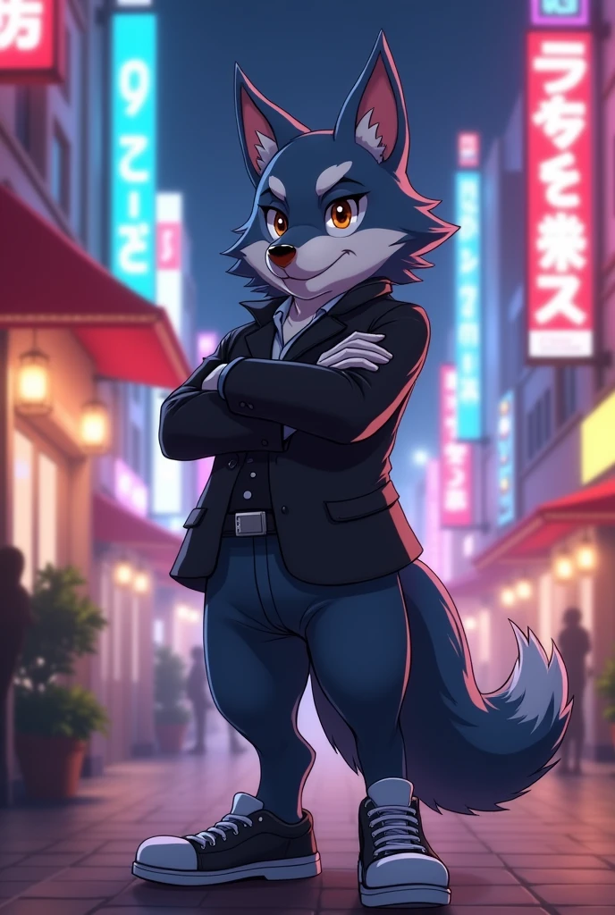 Animated wolf standing, crossing hand, anime style, wearing formal jacket, casual shoes, short body, confident stance, tilted pose to side