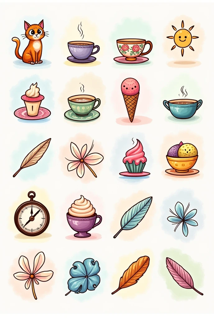 Generate a square with 16 random images and objects of different and non-repeating types, easy to draw to work on memory game