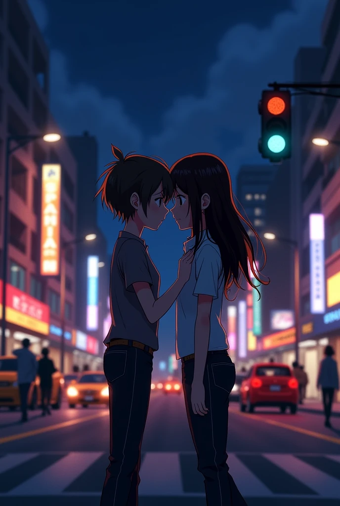 The image captures a romantic moment between two girls as they are standing infornt of each other with their forehead resting on each others forehead in a afar away Angle  on a city street at night time They are standing in the middle of the road with the short haired girl on the left and the long haired girl on the right. The street is busy with several cars parked or driving nearby, and a traffic light is visible in the background. There are a few other people in the scene, with one person standing close to the left edge of the image and another person on the right side. Additionally, there are multiple cars of various sizes parked or driving along the street, adding to the bustling urban atmosphere and you can't see their faces as it's dark and night time the picture is taken from a far distance. The image should be animated. They should be wearing pants
