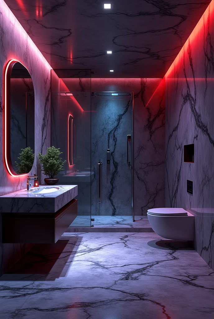 Please design me a very luxurious bathroom, modern and fully equipped. Futuristic design with mysterious colors