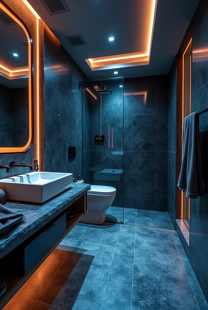 Please design me a very luxurious bathroom, modern and fully equipped. Futuristic design with mysterious colors
