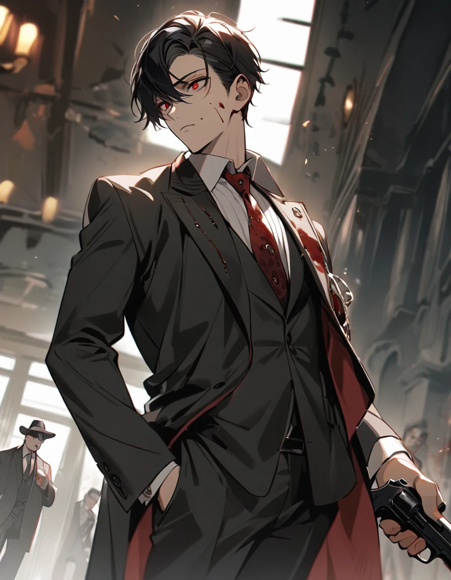 boy,male,man,1 person,alone,mafia,boss,suit,black hair,black hair,red eyes,holding a pistol,short cut,Short hair,There is a little bit of blood on their face,Naturally beautiful eyes,clearly,High Quality