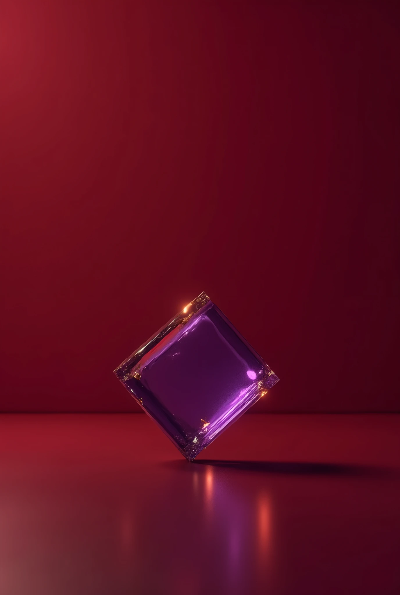 A concept music album cover, wine red minimalist background , main symbol is a square with its front facing tilted with the edge touching the ground, it is a semi-transparent opaque purple object, the point where the edge touches the ground gently reflects the object, the object has subtle glow of golden yellow on the edges