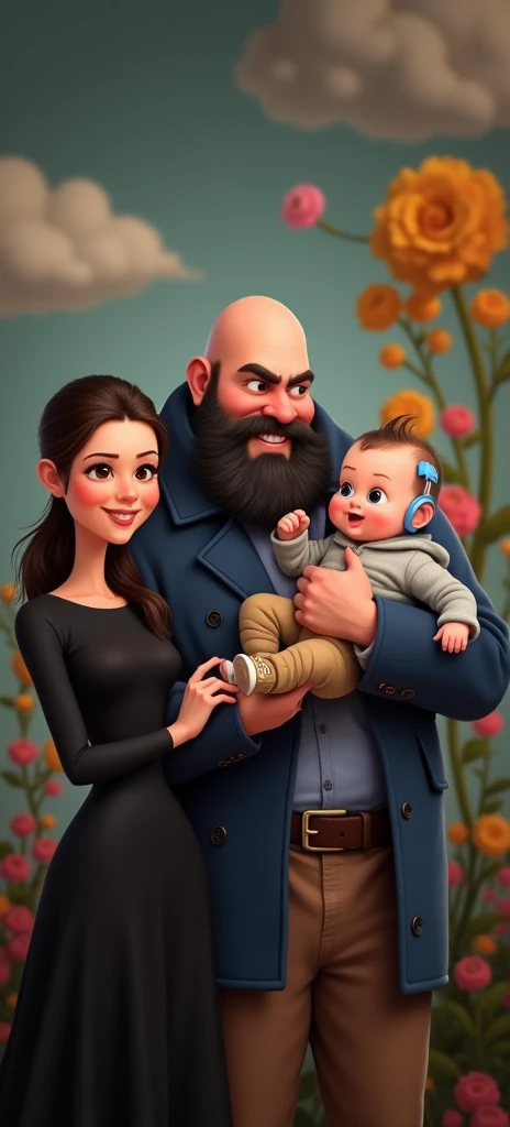 family of 3 people, an adult couple and an 8-month-old baby. The father is in the center, he is wearing dark blue coat and light blue shirt and brown pants, he is the tallest, big and strong,, full shaved bald hair and he has a medium black Viking-style beard, with light brown eyes and he has grumpy face. The father is holding the 8-month-old baby in his left arm. The eight-month-old baby has dark blond hair and big dark blue eyes, the baby is wearing light grey jumper and light brown pants and converse withe shoes and headphones blue. The mother has dark blond hair and light brown eyes, her hair tied up and a beautiful smile, she is very beautiful and elegant. She is wearing black dress, Character should be colorful and have a fun, friendly look, with exaggerated, expressive features. Pixar style.