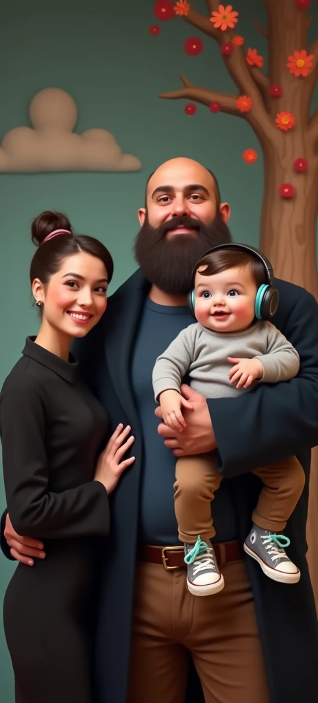 family of 3 people, an adult couple and an 8-month-old baby. The father is in the center, he is wearing dark blue coat and light blue shirt and brown pants, he is the tallest, big and strong,, full shaved bald hair and he has a medium black Viking-style beard, with light brown eyes and he has grumpy face. The father is holding the 8-month-old baby in his left arm. The eight-month-old baby has dark blond hair and big dark blue eyes, the baby is wearing light grey jumper and light brown pants and converse withe shoes and headphones blue. The mother has dark blond hair and light brown eyes, her hair tied up and a beautiful smile, she is very beautiful and elegant. She is wearing black dress, Character should be colorful and have a fun, friendly look, with exaggerated, expressive features. Pixar style.