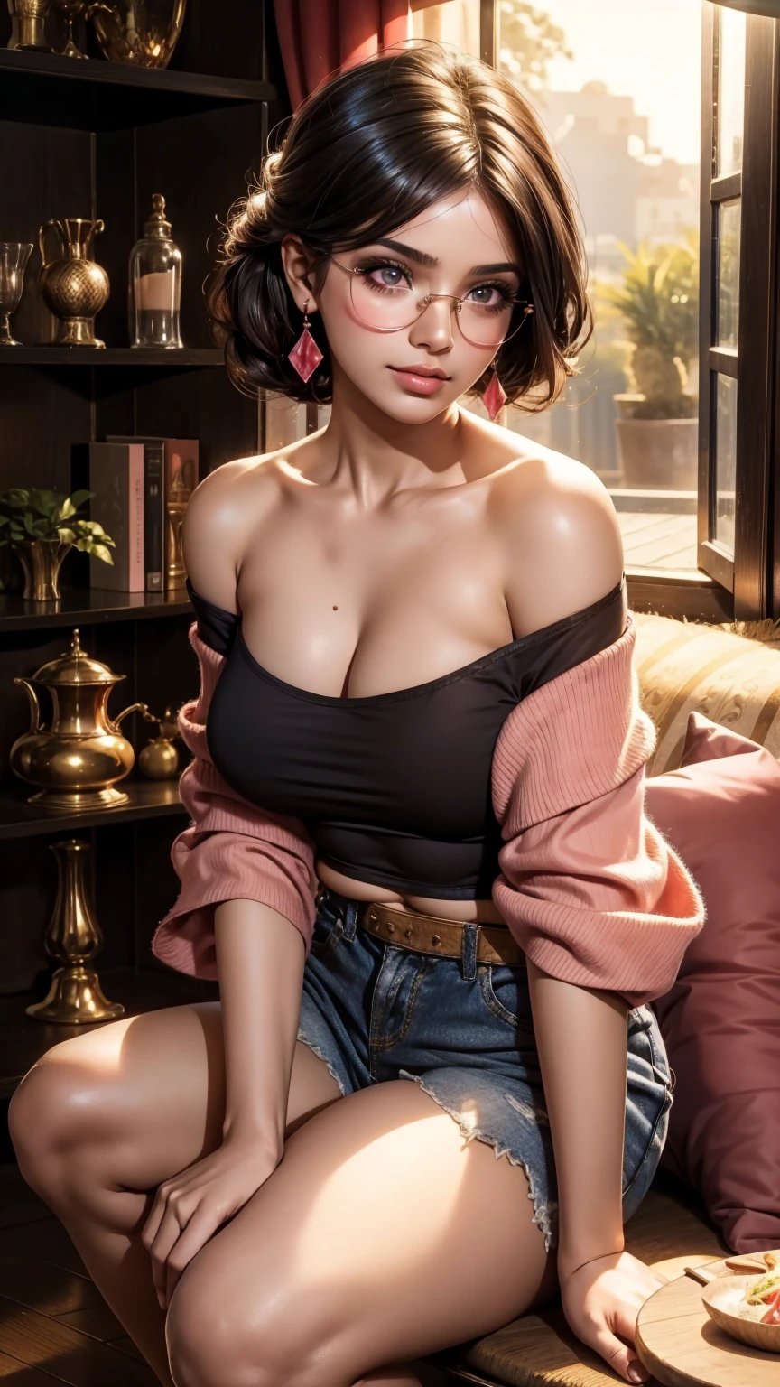 ), blush, smileglowing aura, natural light, masterpiece,  glossy skin, juicy lips , ,sexy, hot,((off shoulder tank top,)) , evil,juicy lips, bimbo, hour glass, hair,  wide eyes, eyes, massive , dark lighting, hair, platform shoes, bow in hair, golden round glasses, hair, no fringe, juicy lips, (((off shoulder)))  