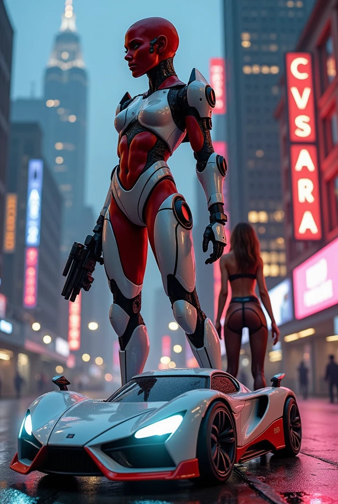 Red aunt with white cyborg fully loaded with weapon and back around a super power women and car
